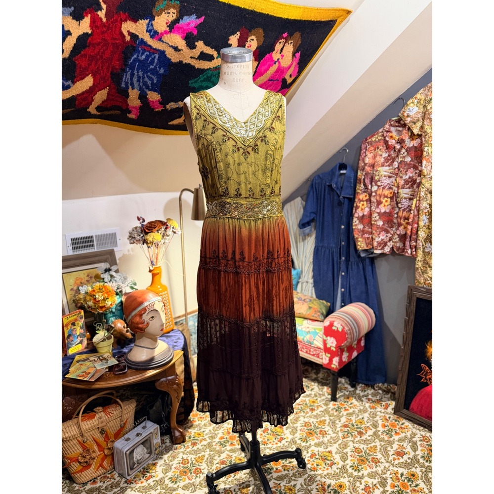 Stunning VTG Boho Embroidered Ombre Sequin Midi Dress Burgundy Gold Brown 1X